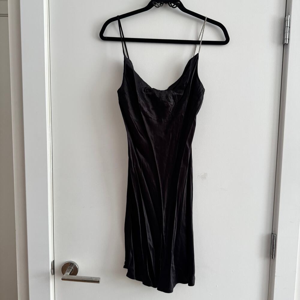 Zara Black Satin Mini Slip Dress Cowl Neck Jeweled Strap Pullover Sz XS Women's